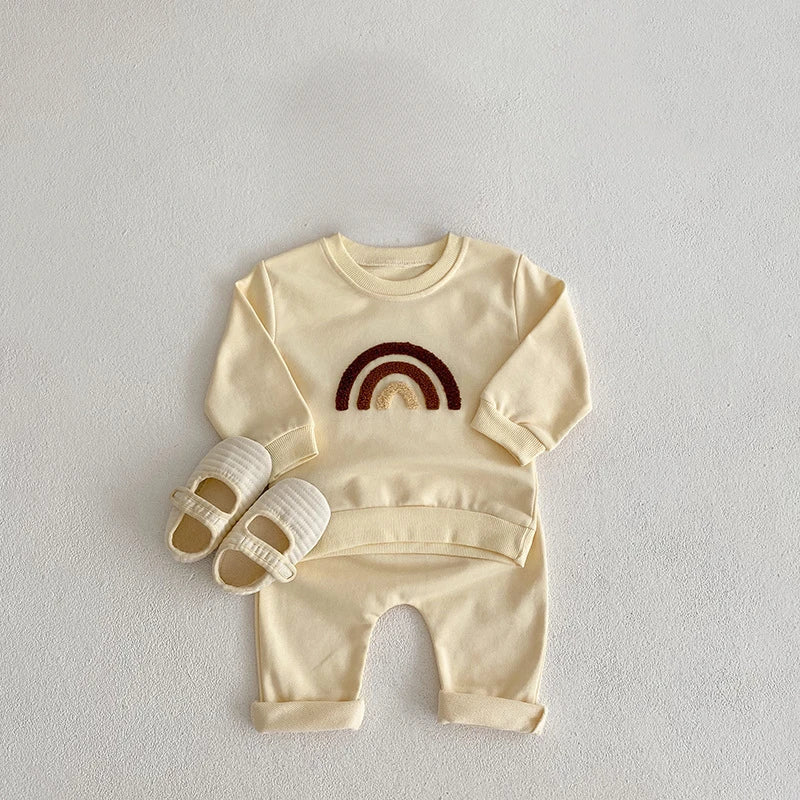 INS Infant Baby Boy Rainbow Sweatshirt + Trousers 2pcs Suit Spring Newborn Kids Cotton Clothes Toddler Girls Designer Outfit Set