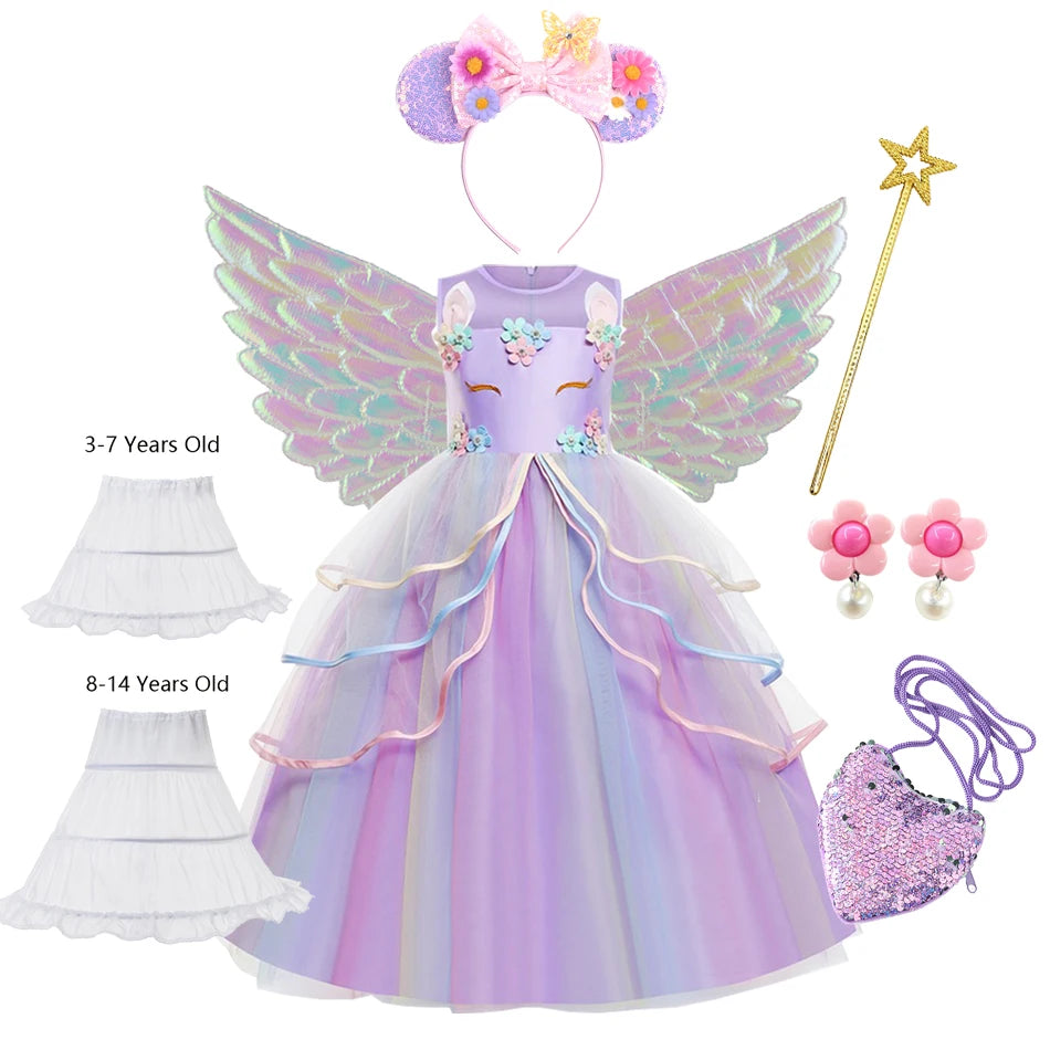 Unicom Dress for Girls Unicorn Luxary Party Gown Rainbow Long Gauze Dress Kids Princess Birthday Party Gift