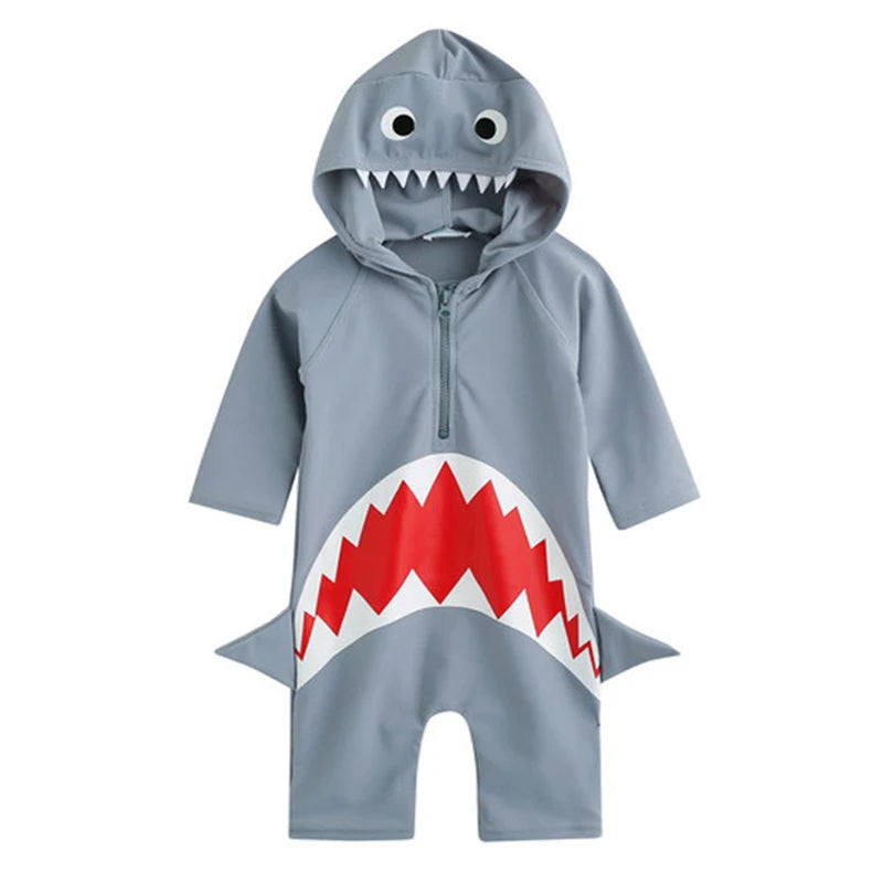 1-7Y Baby Toddler Child One Piece Swimwear Swimsuit Hoodie Long Sleeve Sunscreen Shark Style Beach Wear Bathing Suit for Boys