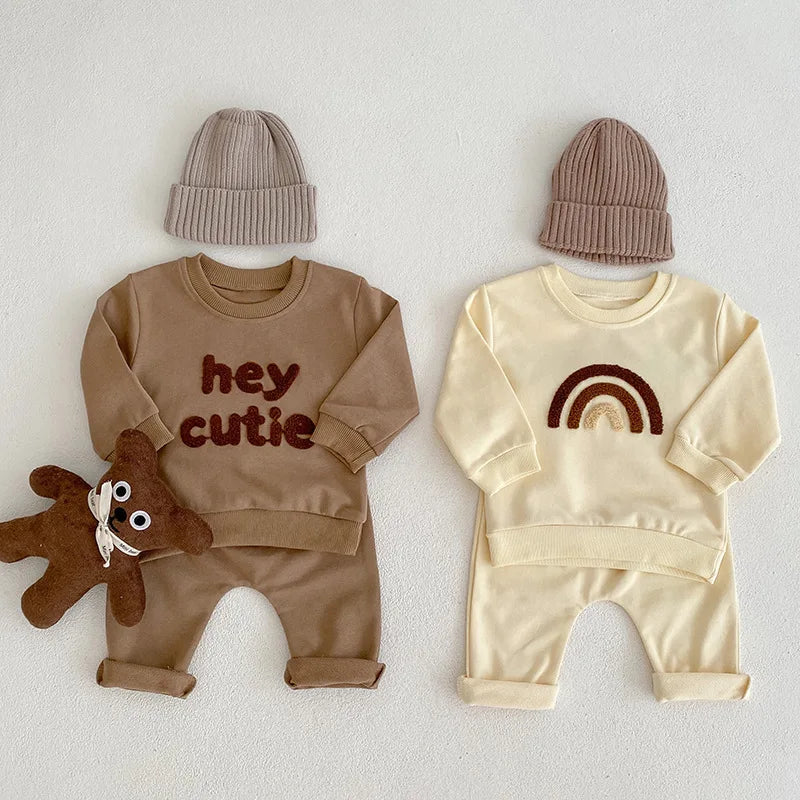 INS Infant Baby Boy Rainbow Sweatshirt + Trousers 2pcs Suit Spring Newborn Kids Cotton Clothes Toddler Girls Designer Outfit Set