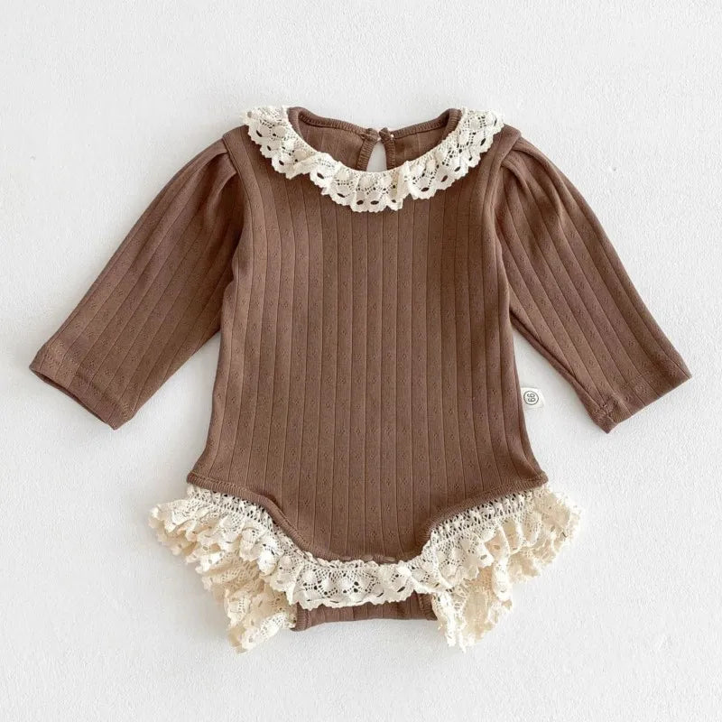 Newborn Baby Girl Cotton Lace Ruffle Hollow Romper Infant Toddler Solid Long Sleeve Jumpsuit Autumn Spring Baby Clothes 3M-18M