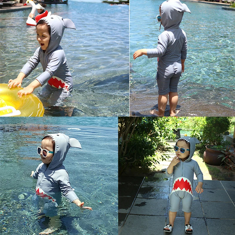 1-7Y Baby Toddler Child One Piece Swimwear Swimsuit Hoodie Long Sleeve Sunscreen Shark Style Beach Wear Bathing Suit for Boys