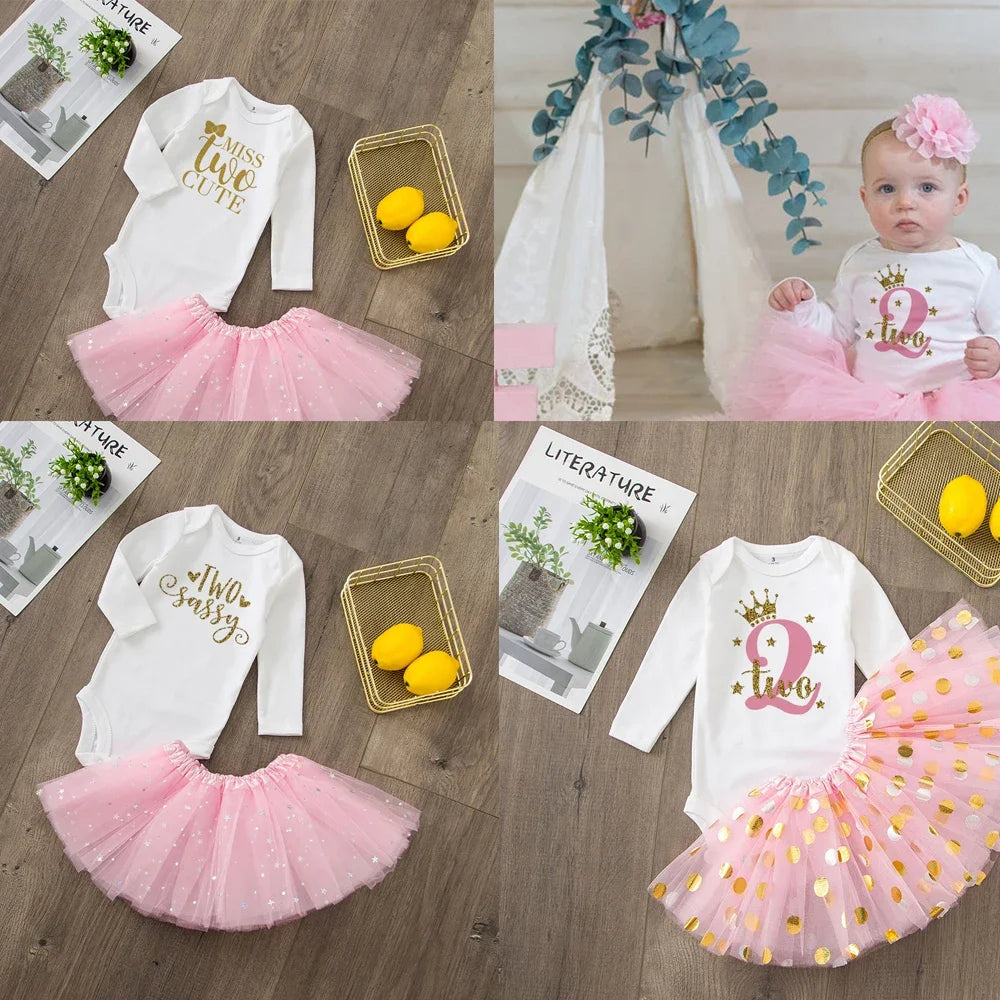 Two Cute Baby Girl 2nd Birthday Cute Pink Tutu Cake Outfits Infant Dresses Girls Baptism Party Dress Clothes Without Glitter