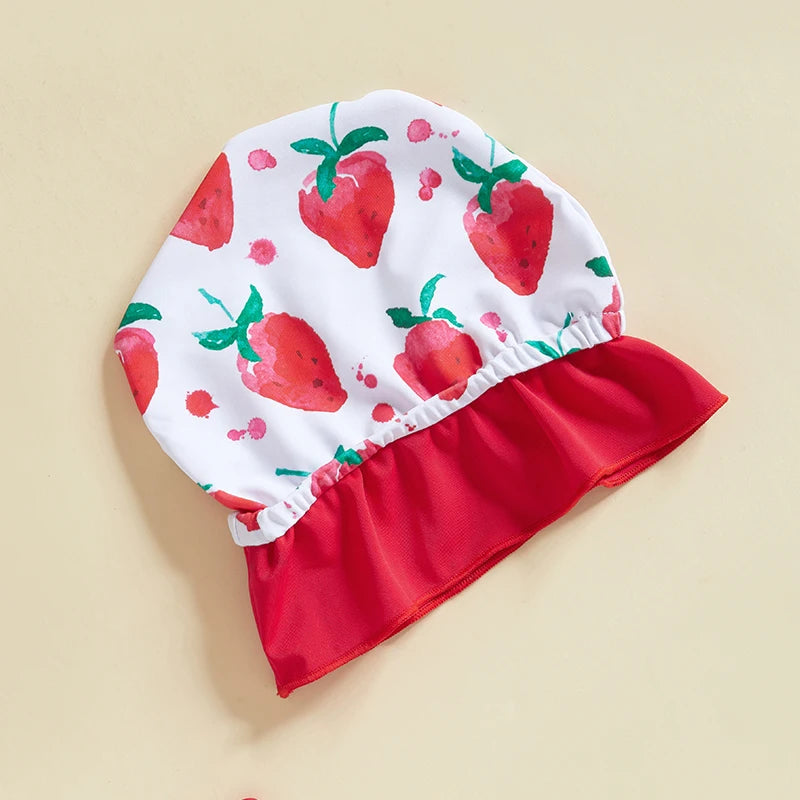 Toddler Baby Girls Summer Swimsuit Rompers Strawberry Print Suspenders Sleeveless Baby Ruffles Bathing Suit Swimwear with Hat