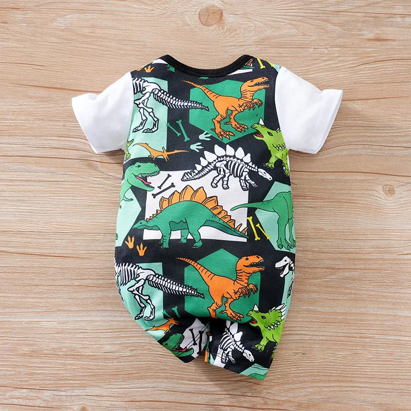 Newborn Clothing Handsome Cartoon Dinosaur False Strap Full Print Soft Summer Boys And Girls 0-18 Short Sleeve Baby Bodysuit