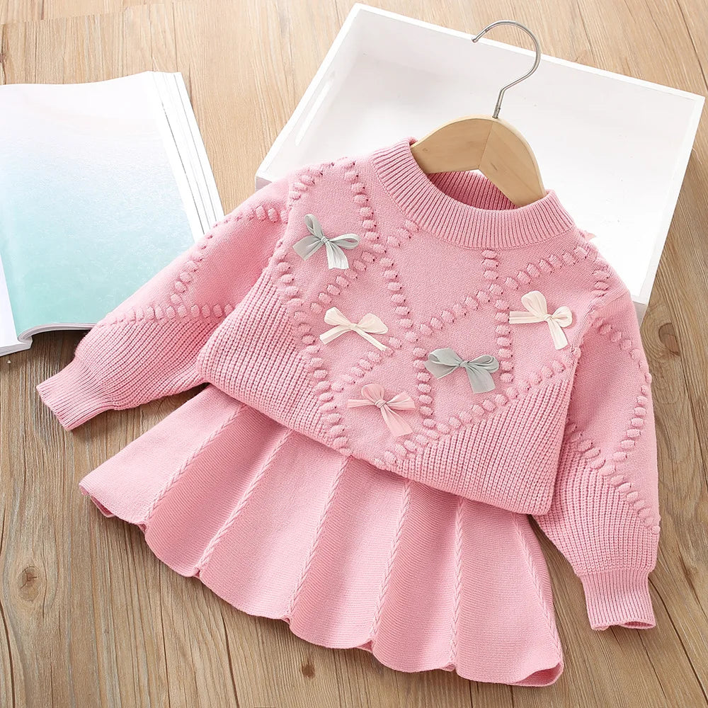 Girls Dresses Clothes Sets Spring Autumn Children Woolen Jersey Sweaters Tops Skirts Princess Suit For Baby Knitted Outfits Kids