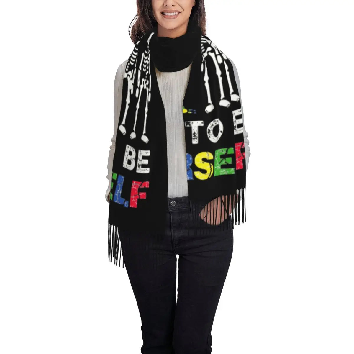 Custom Dare To Be Yourself Skeleton Dabbing Autism Awareness Scarf Wrap Women Long Winter Warm Tassel Shawl Unisex Scarves