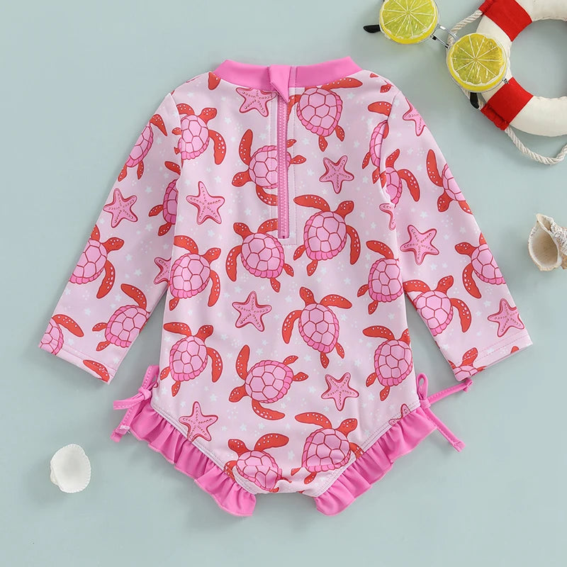 Toddler Girls Rash Guard Swimsuit Rompers Long Sleeve Turtle Print Baby Ruffles Bathing Suit Swimwear