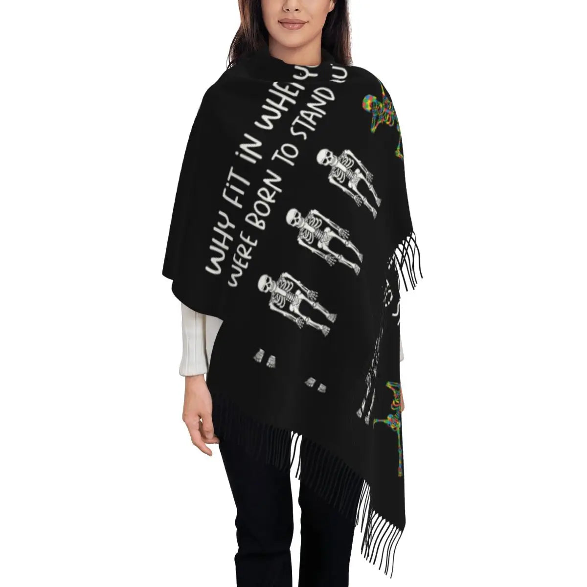 Custom Dare To Be Yourself Skeleton Dabbing Autism Awareness Scarf Wrap Women Long Winter Warm Tassel Shawl Unisex Scarves