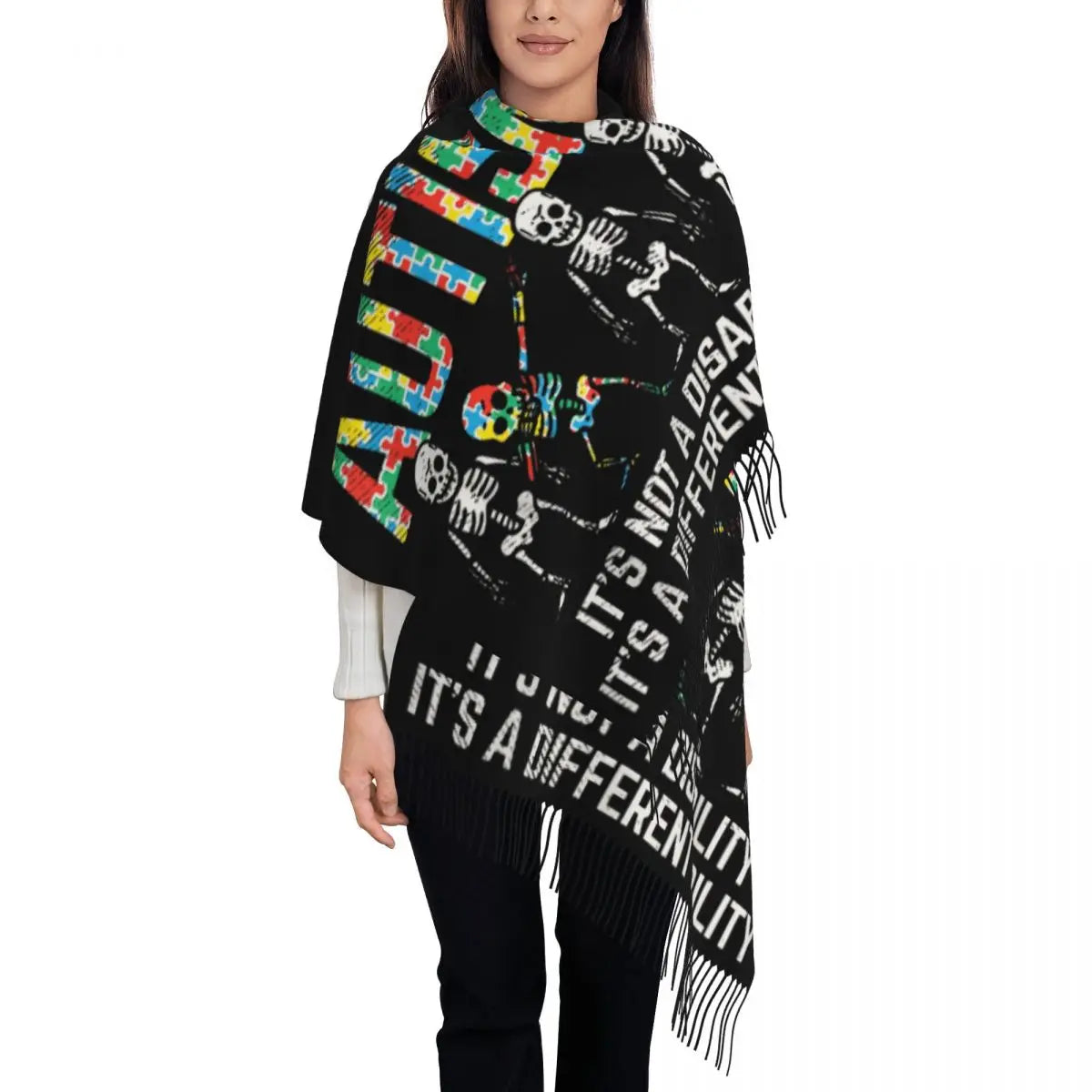 Custom Dare To Be Yourself Skeleton Dabbing Autism Awareness Scarf Wrap Women Long Winter Warm Tassel Shawl Unisex Scarves