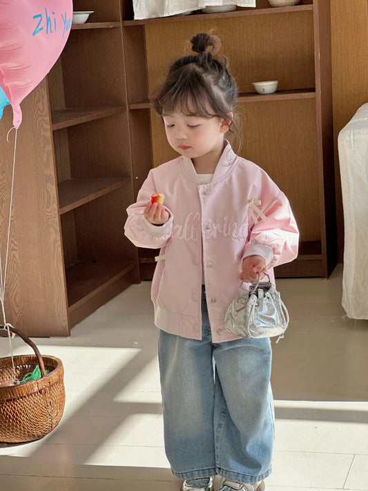 Children's Clothes Girls Baseball Jacket 2025 Spring Autumn Korean Baby Girl Coat Letter Embroidery Girls Bow Cardigan Jackets