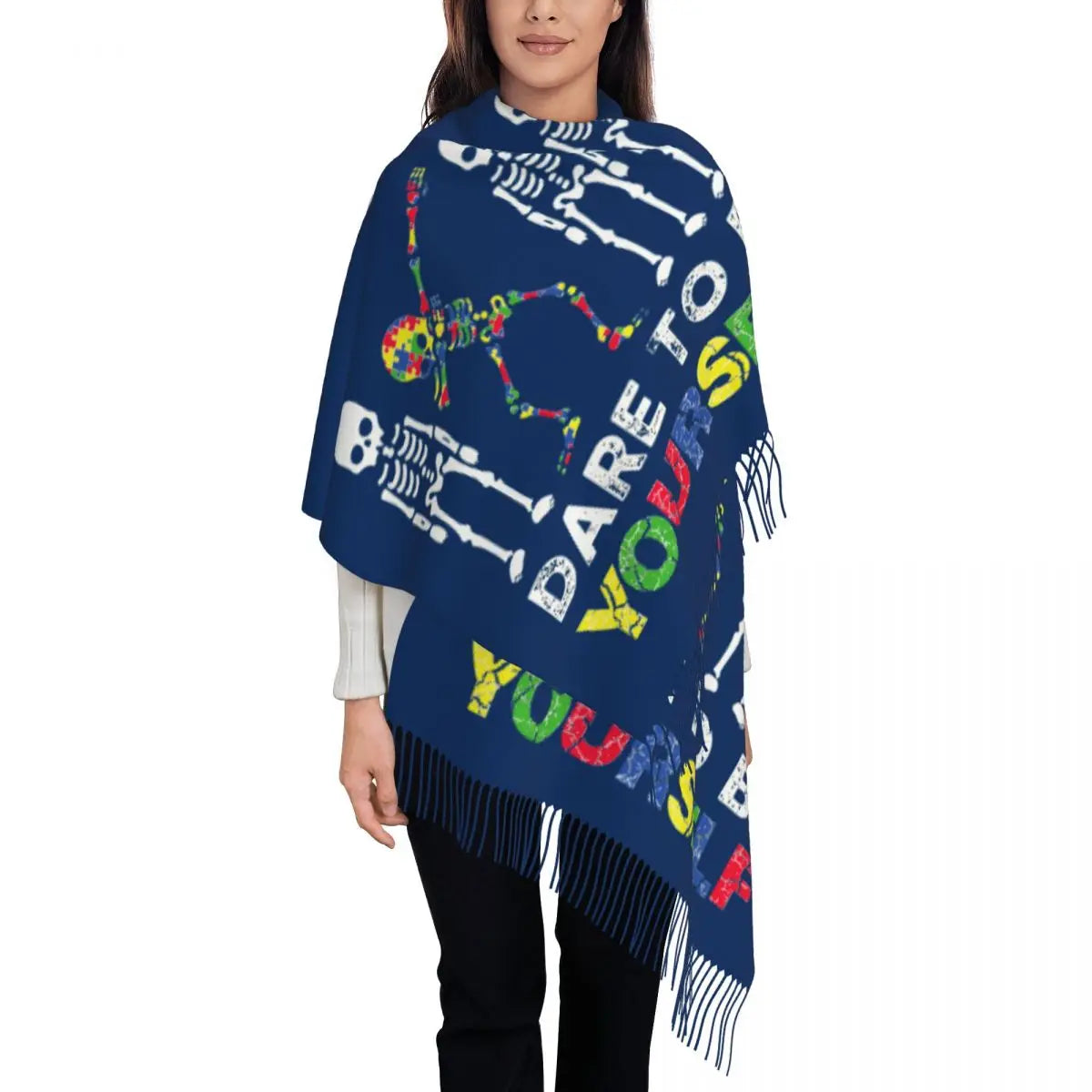 Custom Dare To Be Yourself Skeleton Dabbing Autism Awareness Scarf Wrap Women Long Winter Warm Tassel Shawl Unisex Scarves