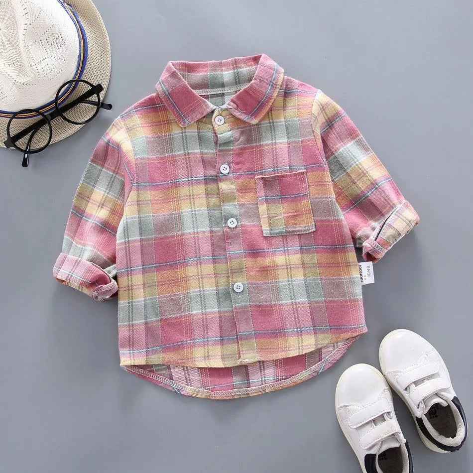 2024 Korean Fashion Children Tops Boys Buffalo Plaid Flannel Shirt Baby Casual Shirt Outerwear Clothes Autumn Girls Blouses 0-5T