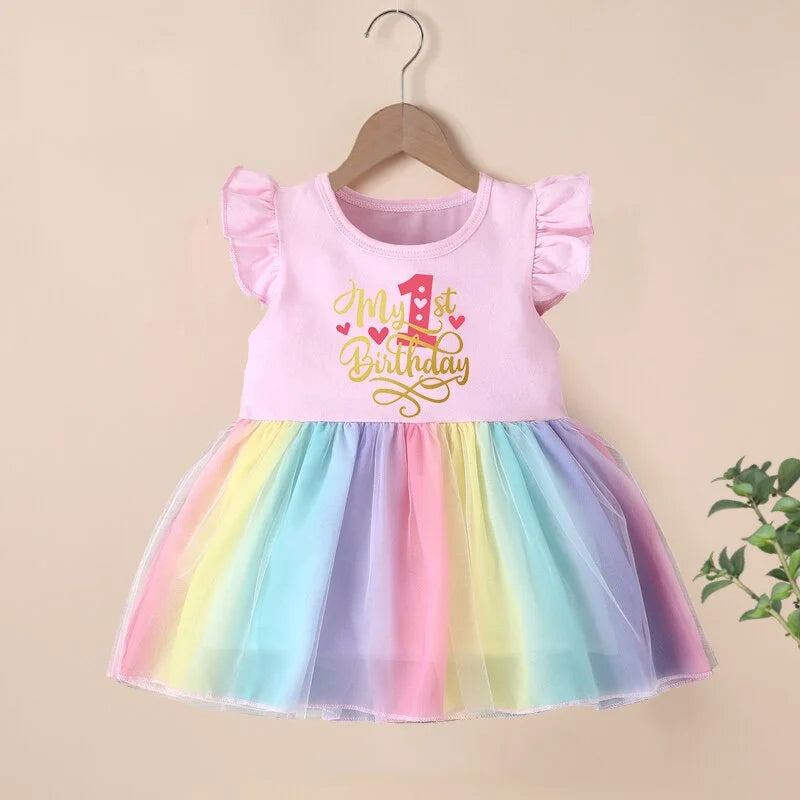 Gold Letter Print Baby 1 2 3 4 Years Birthday Rainbow Dress Infant Girls Children Party Toddler Cotton Summer Dresses Clothes