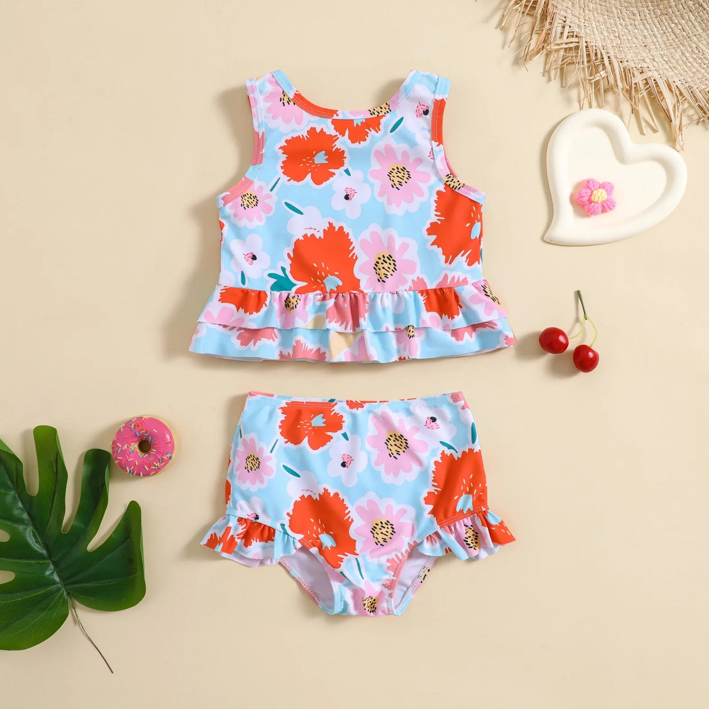 Cute Flower Print Split Swimsuit Set for Girls and Baby Girls Two-Piece Suits