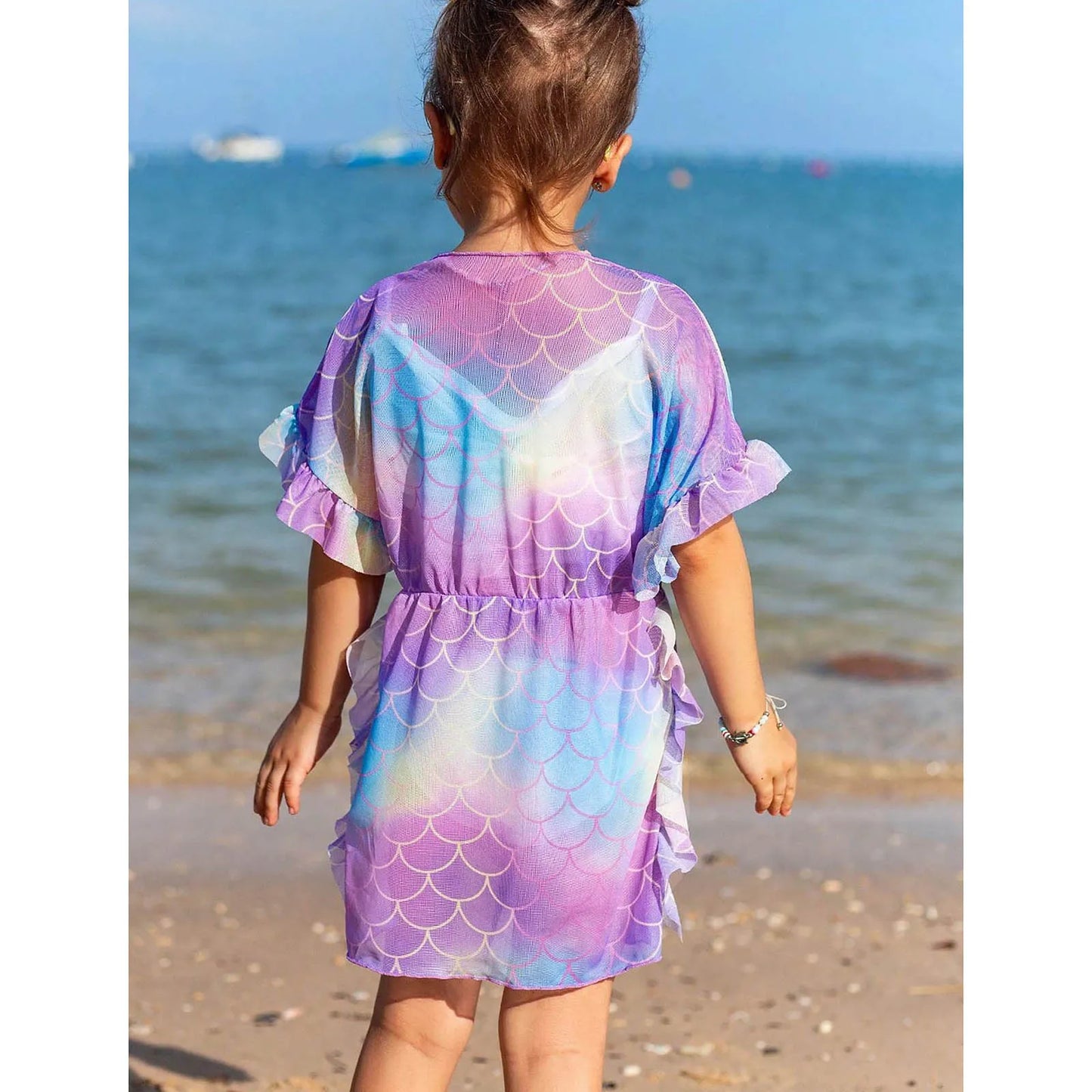 Kids Girls Fish Scales One-piece Swimsuit Bikini Cover Up Dress Mermaid Ruffle Swim Dress Bathing Suit for Beach Pool Party