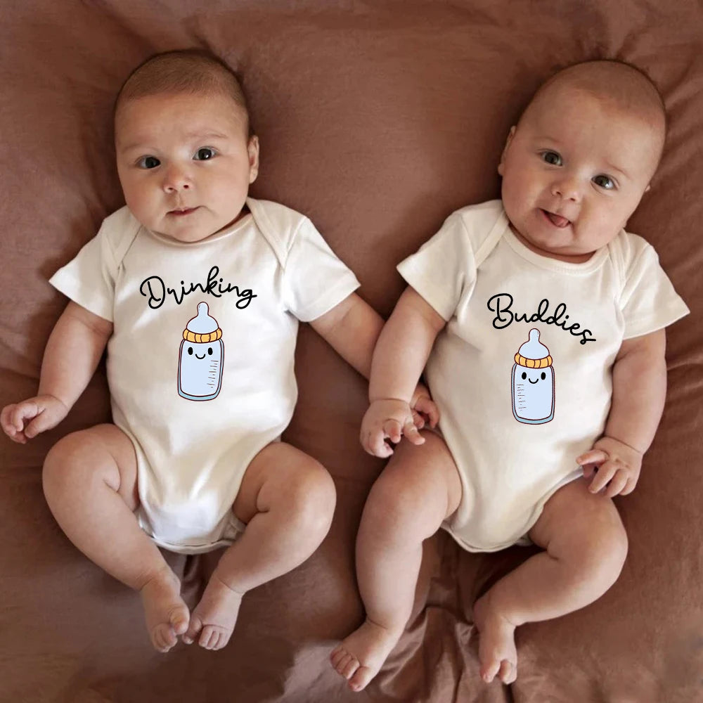 Drinking Buddies Funny Twin Baby Onesies Summer Cotton Newborn Boys Girls Clothes Pajamas Short Sleeve Comzy Infant Outfits