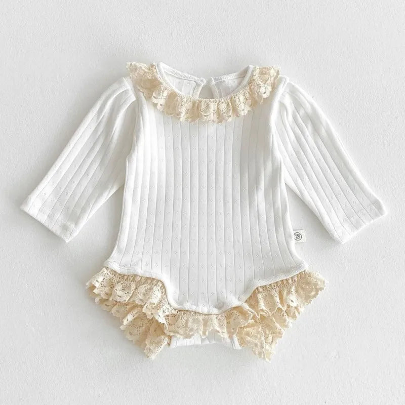 Newborn Baby Girl Cotton Lace Ruffle Hollow Romper Infant Toddler Solid Long Sleeve Jumpsuit Autumn Spring Baby Clothes 3M-18M