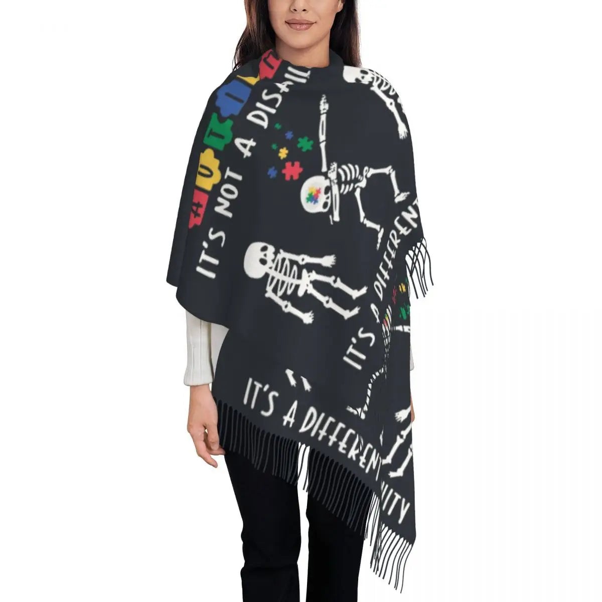 Custom Dare To Be Yourself Skeleton Dabbing Autism Awareness Scarf Wrap Women Long Winter Warm Tassel Shawl Unisex Scarves