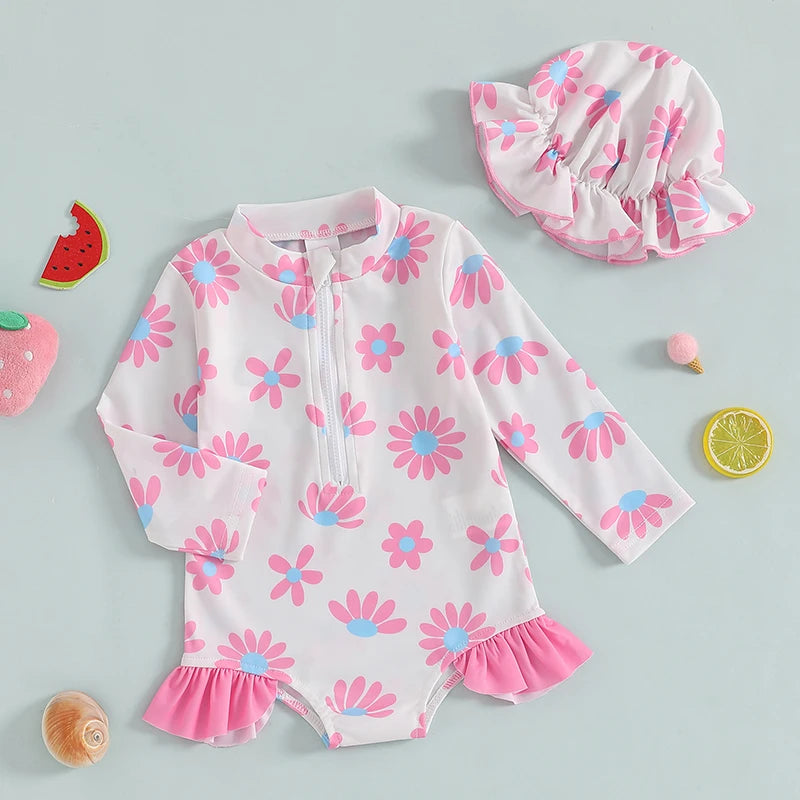 Girls Rash Guard Swimsuit Romper Long Sleeve Floral/Strawberry/Watermelon/Ice Cream Print Bathing Suit Swim Romper with Hat