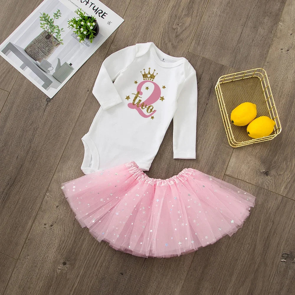 Two Cute Baby Girl 2nd Birthday Cute Pink Tutu Cake Outfits Infant Dresses Girls Baptism Party Dress Clothes Without Glitter