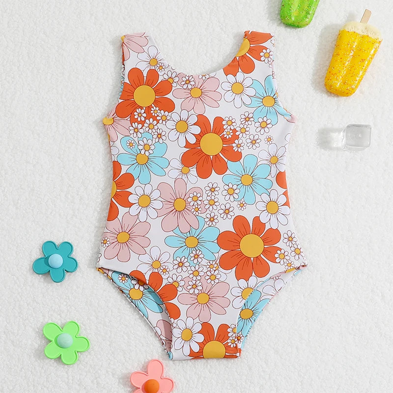 6M-4T Little Girl 2024 Summer Swimsuit Cute Flower/Turtle Print Sleeveless Back Strap Swimsuit Baby Swimsuit