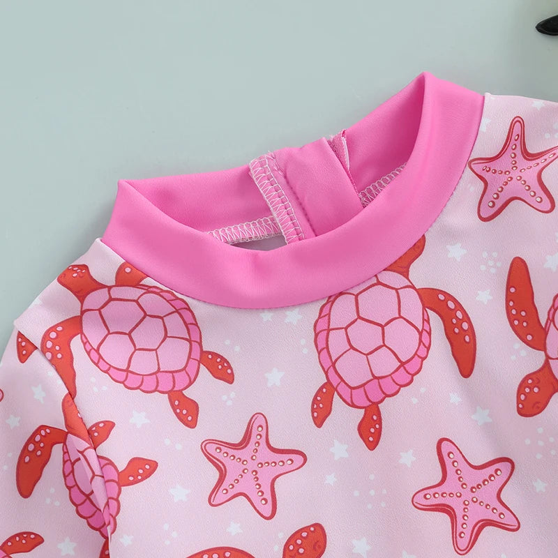 Toddler Girls Rash Guard Swimsuit Rompers Long Sleeve Turtle Print Baby Ruffles Bathing Suit Swimwear