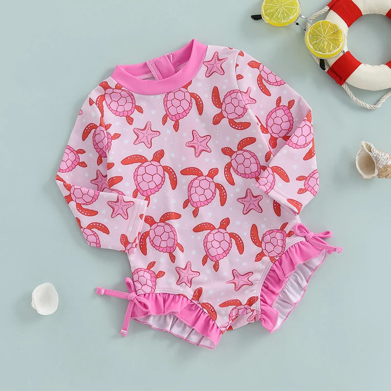 Toddler Girls Rash Guard Swimsuit Rompers Long Sleeve Turtle Print Baby Ruffles Bathing Suit Swimwear