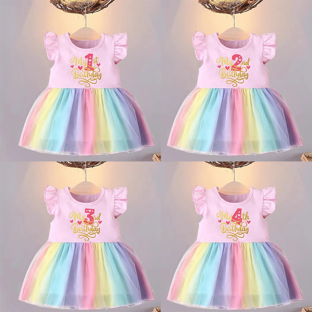 Gold Letter Print Baby 1 2 3 4 Years Birthday Rainbow Dress Infant Girls Children Party Toddler Cotton Summer Dresses Clothes