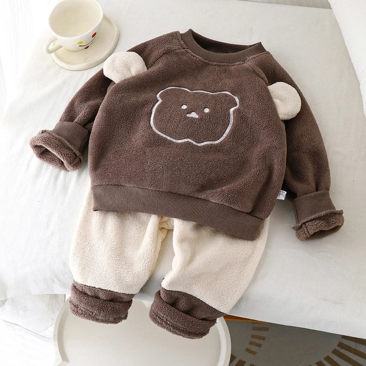 New 2024 Autumn Winter Kids Thicken Warm Fleece Pajamas Baby Boys Girls Cute Cartoon Bear O-neck Pullover Clothing Sets Pyjamas