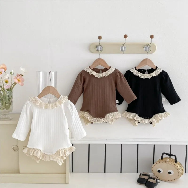 Newborn Baby Girl Cotton Lace Ruffle Hollow Romper Infant Toddler Solid Long Sleeve Jumpsuit Autumn Spring Baby Clothes 3M-18M