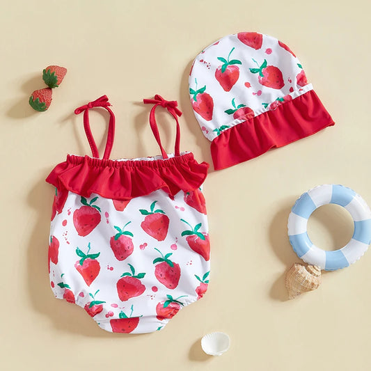 Toddler Baby Girls Summer Swimsuit Rompers Strawberry Print Suspenders Sleeveless Baby Ruffles Bathing Suit Swimwear with Hat