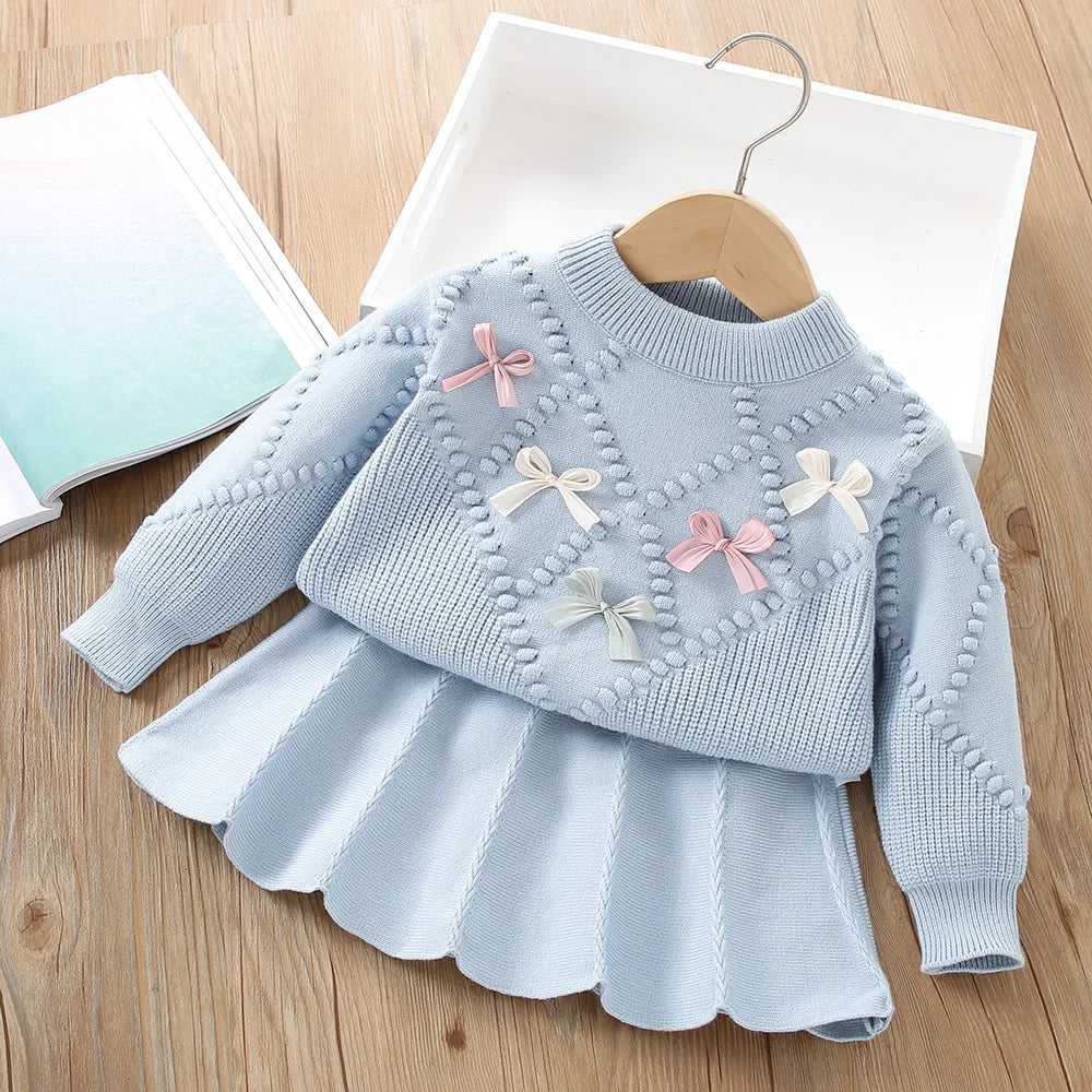 Girls Dresses Clothes Sets Spring Autumn Children Woolen Jersey Sweaters Tops Skirts Princess Suit For Baby Knitted Outfits Kids