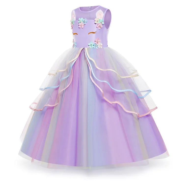 Unicom Dress for Girls Unicorn Luxary Party Gown Rainbow Long Gauze Dress Kids Princess Birthday Party Gift