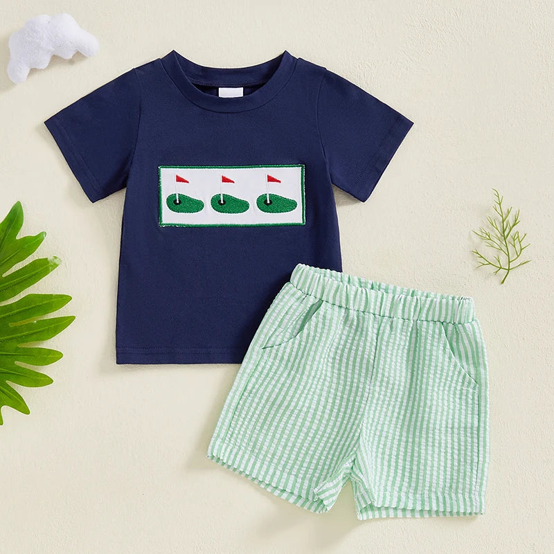 Toddler Kids Baby Boys Summer Clothes Outfits Golf Embroidery Short Sleeves T-Shirts Elastic Striped Shorts Casual Sportwear