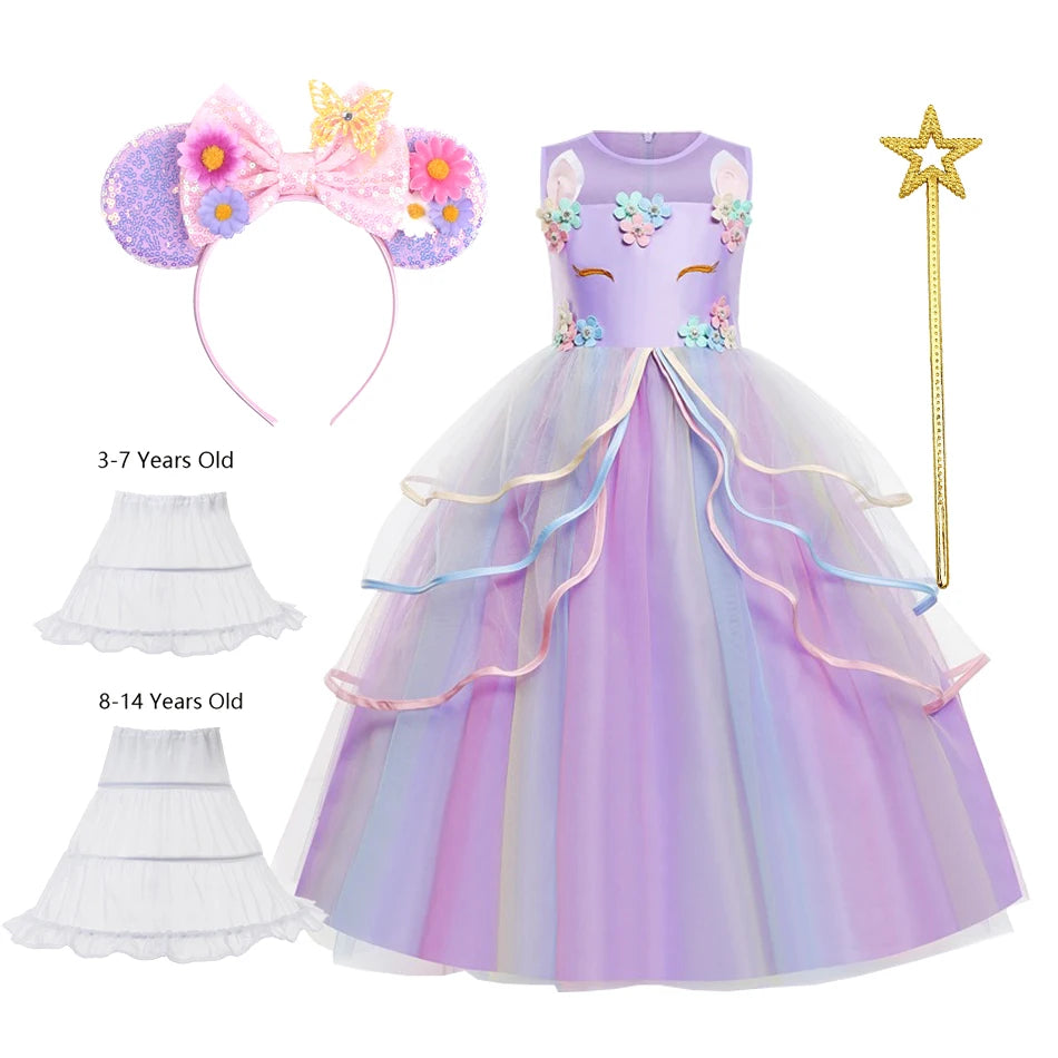 Unicom Dress for Girls Unicorn Luxary Party Gown Rainbow Long Gauze Dress Kids Princess Birthday Party Gift