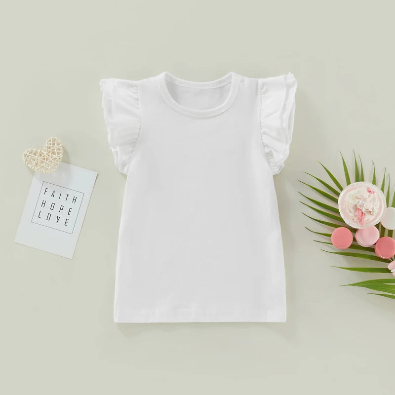 Toddler Baby Girls Boy Flying Sleeves Solid Cotton T shirt Tops Summer Outfits Kid Clothes 0-4T