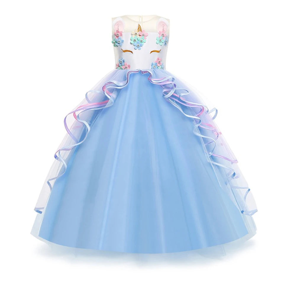 Unicom Dress for Girls Unicorn Luxary Party Gown Rainbow Long Gauze Dress Kids Princess Birthday Party Gift