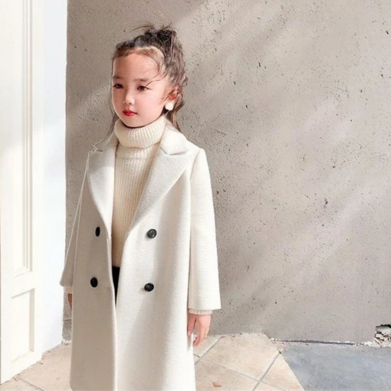 Girls Woolen Coat Overcoat Jacket Windbreak 2024 White Warm Plus Thicken Autumn Winter Cotton School Children's Clothing