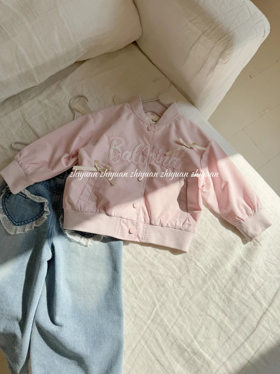 Children's Clothes Girls Baseball Jacket 2025 Spring Autumn Korean Baby Girl Coat Letter Embroidery Girls Bow Cardigan Jackets