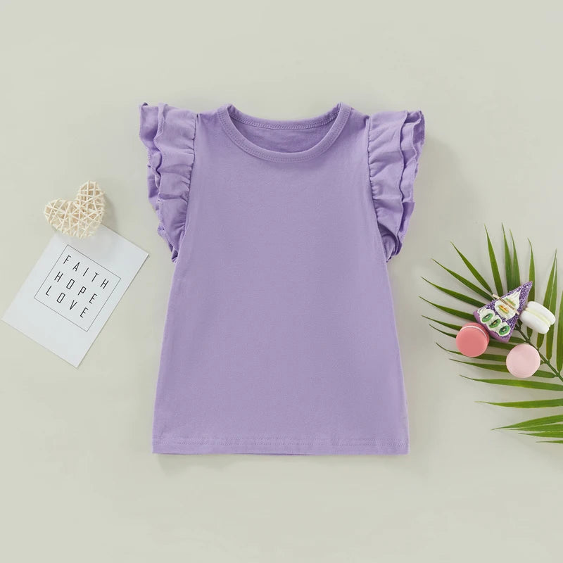 Toddler Baby Girls Boy Flying Sleeves Solid Cotton T shirt Tops Summer Outfits Kid Clothes 0-4T