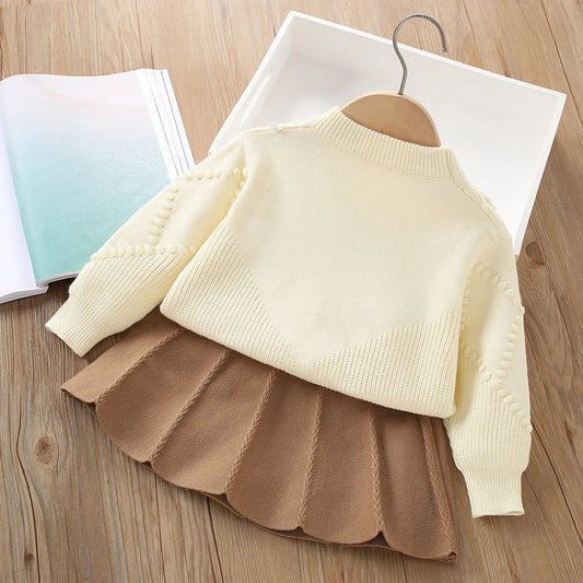 Girls Dresses Clothes Sets Spring Autumn Children Woolen Jersey Sweaters Tops Skirts Princess Suit For Baby Knitted Outfits Kids