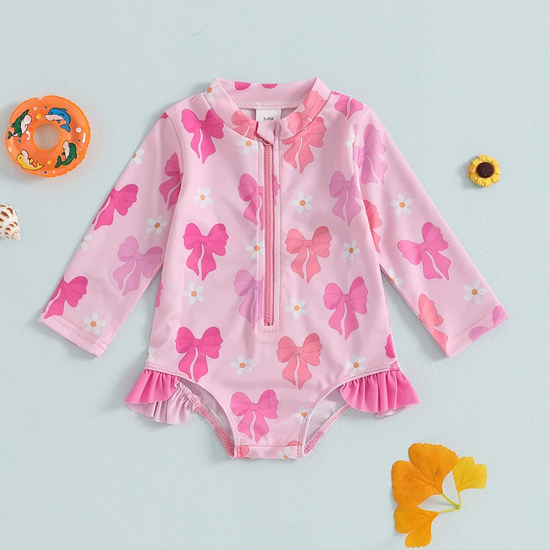 Summer Toddler Girl Ruffle Swimsuit Long Sleeve Zipper Rash Guard Bathing Suit Cute Bow Pattern OnePiece Swimwear Romper