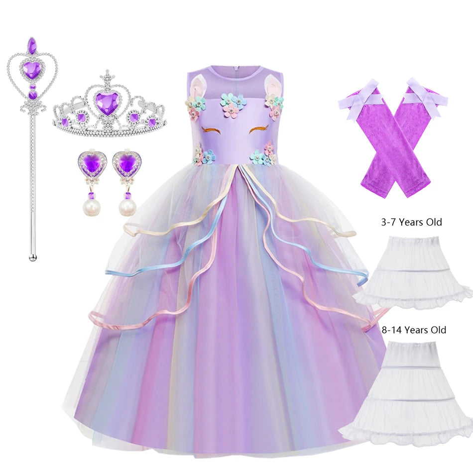 Unicom Dress for Girls Unicorn Luxary Party Gown Rainbow Long Gauze Dress Kids Princess Birthday Party Gift