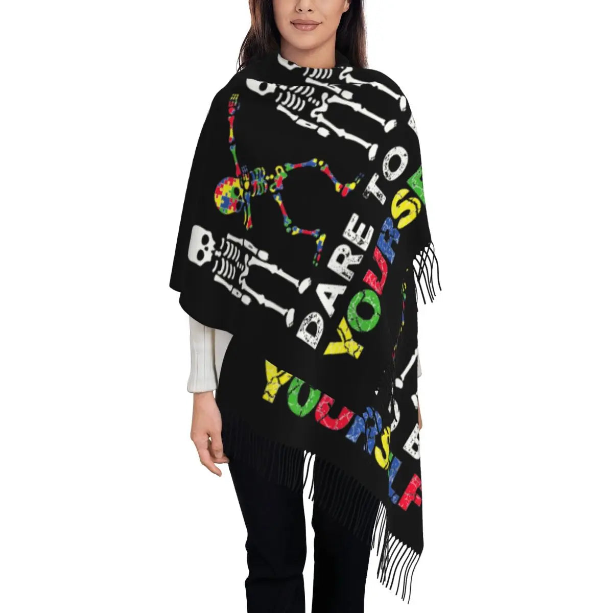 Custom Dare To Be Yourself Skeleton Dabbing Autism Awareness Scarf Wrap Women Long Winter Warm Tassel Shawl Unisex Scarves