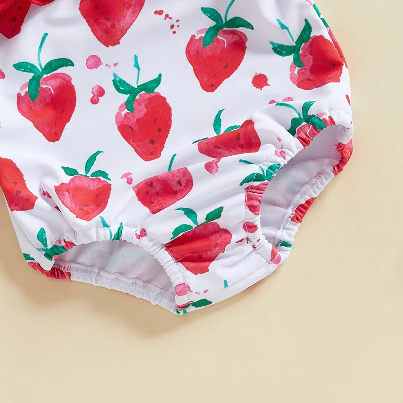 Toddler Baby Girls Summer Swimsuit Rompers Strawberry Print Suspenders Sleeveless Baby Ruffles Bathing Suit Swimwear with Hat