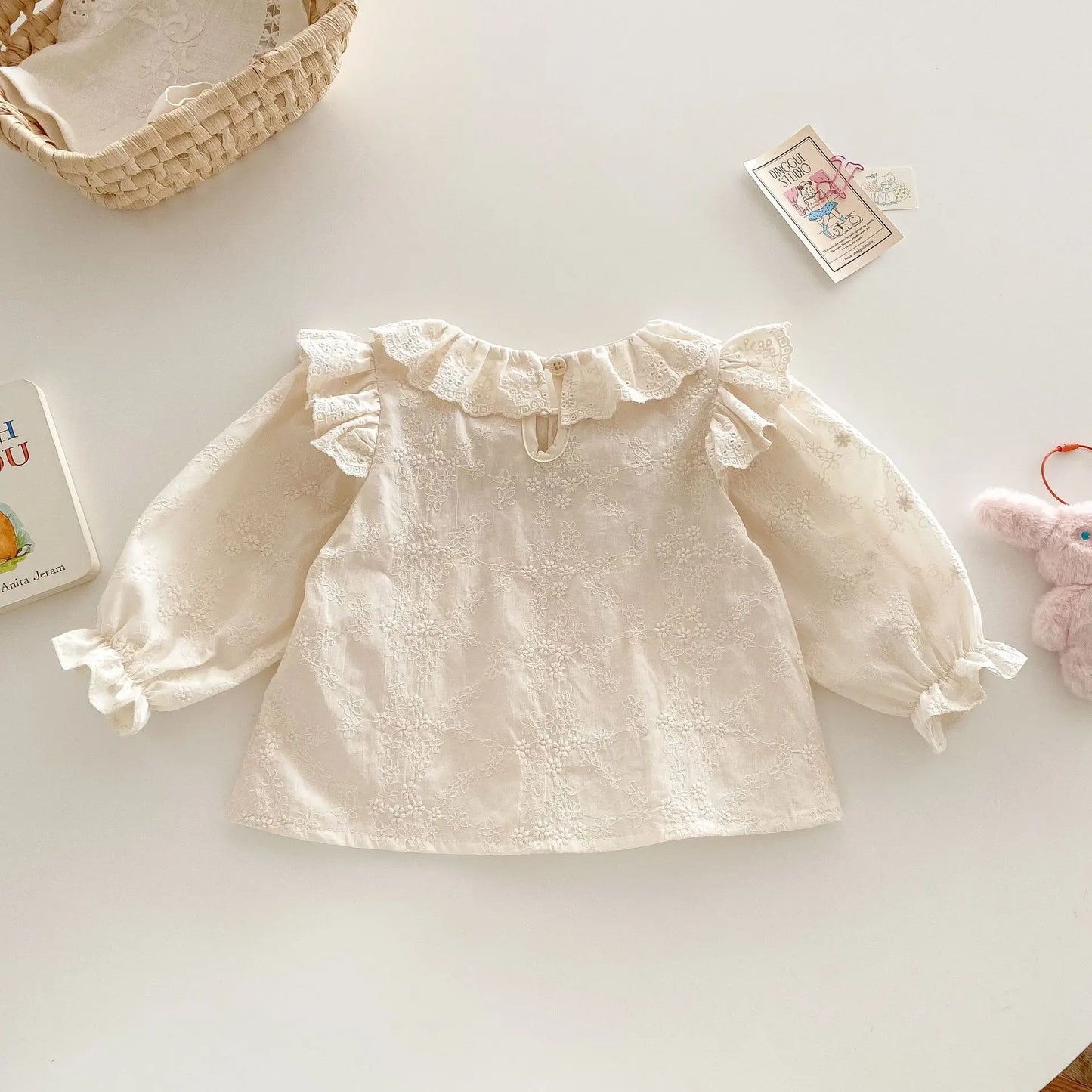 0-5Y Children's Baby Peter Pan Collar Shirt Base Top Spring Korean Style Girls' Doll Shirt Cute Embroidered Flowers Kid's Blouse