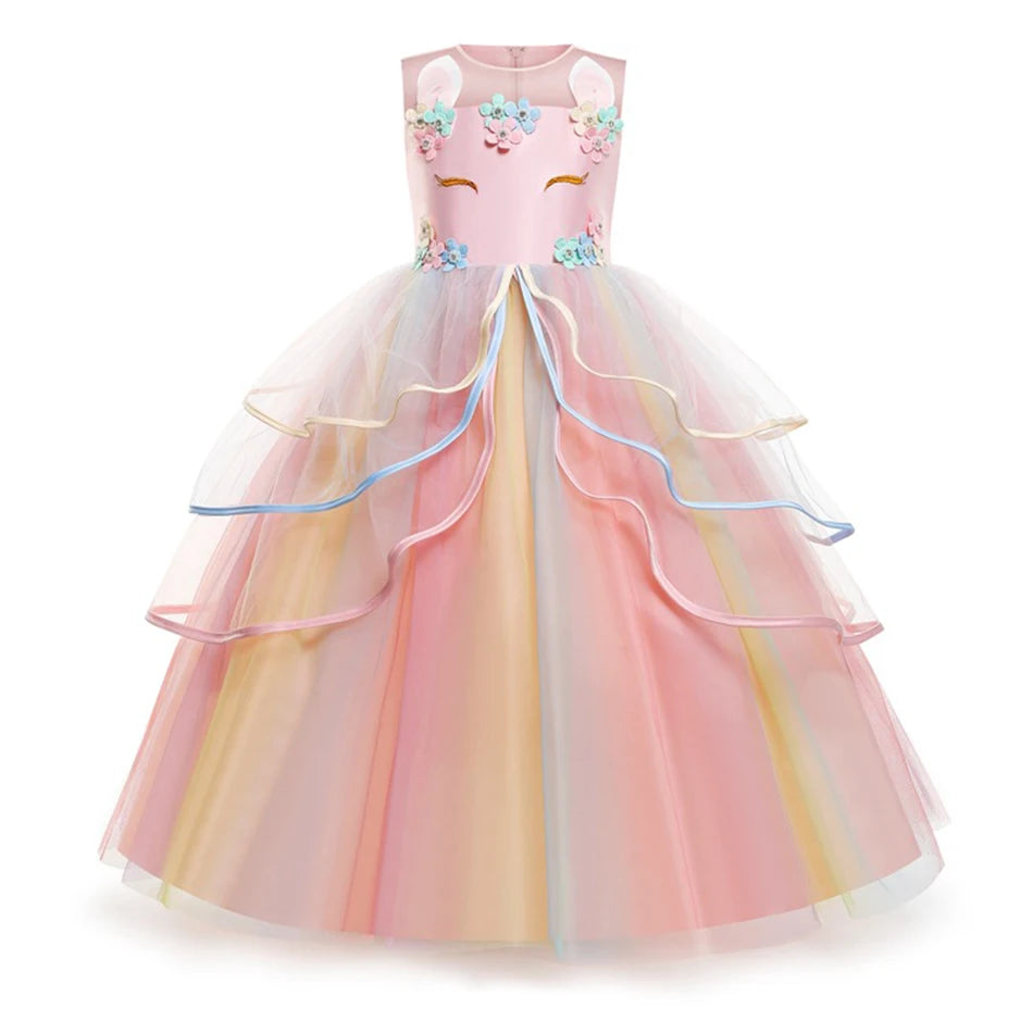 Unicom Dress for Girls Unicorn Luxary Party Gown Rainbow Long Gauze Dress Kids Princess Birthday Party Gift