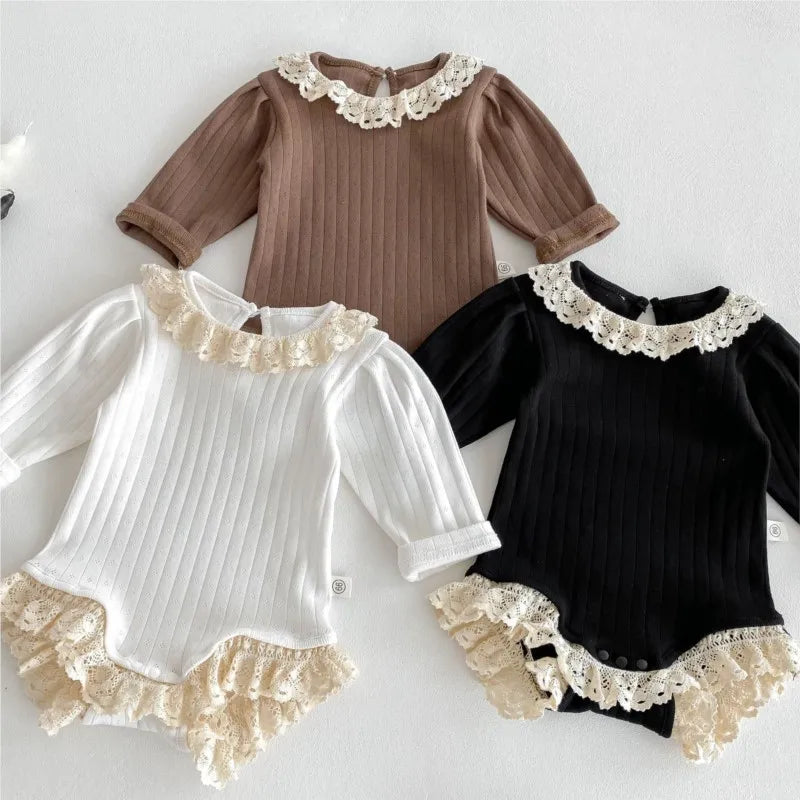 Newborn Baby Girl Cotton Lace Ruffle Hollow Romper Infant Toddler Solid Long Sleeve Jumpsuit Autumn Spring Baby Clothes 3M-18M