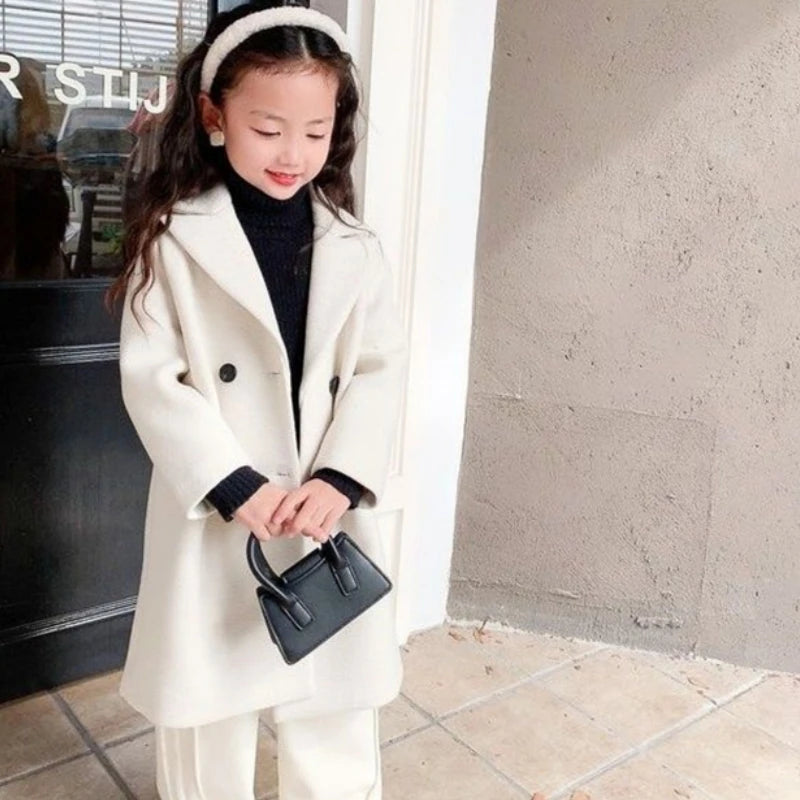 Girls Woolen Coat Overcoat Jacket Windbreak 2024 White Warm Plus Thicken Autumn Winter Cotton School Children's Clothing